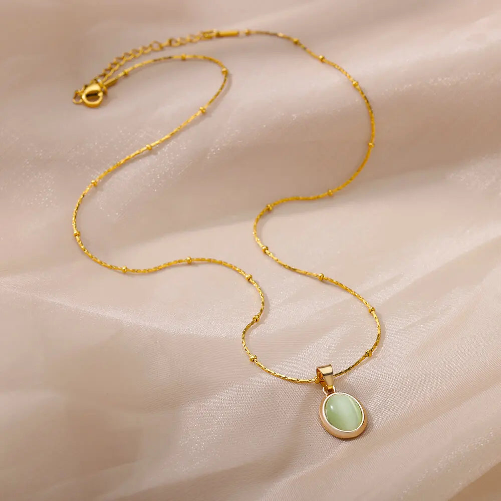 Aesthetic Golden Opal Oval Pendant Necklace-ReesJewels-ReesJewels