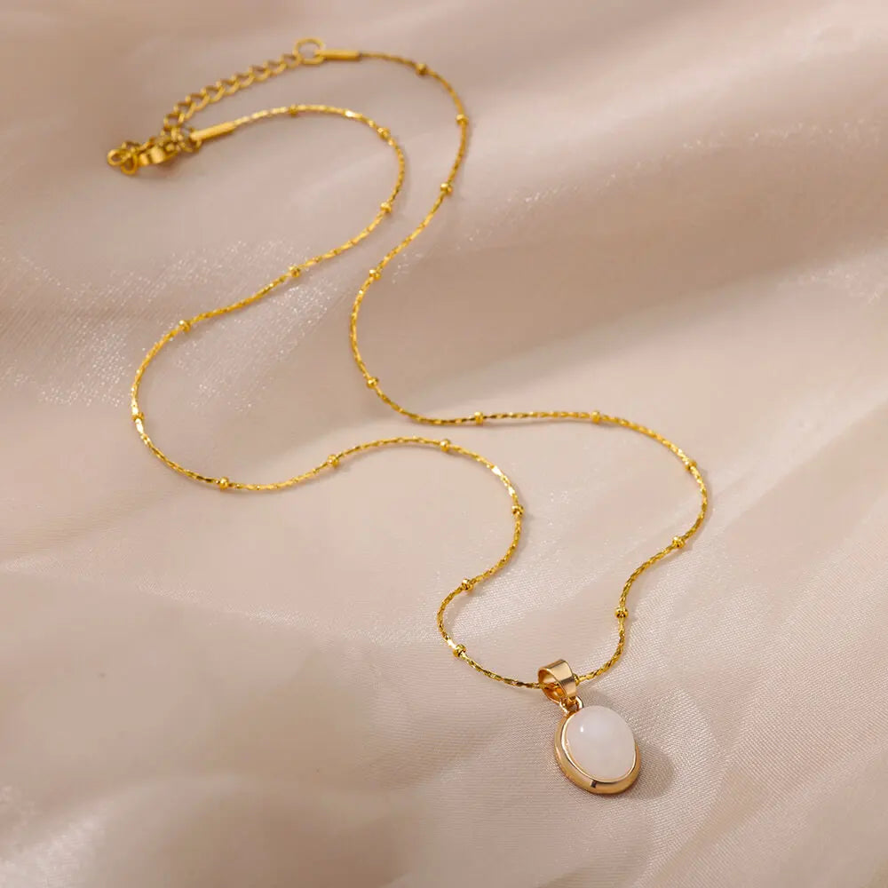 Aesthetic Golden Opal Oval Pendant Necklace-ReesJewels-ReesJewels