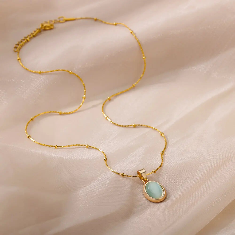 Aesthetic Golden Opal Oval Pendant Necklace-ReesJewels-ReesJewels