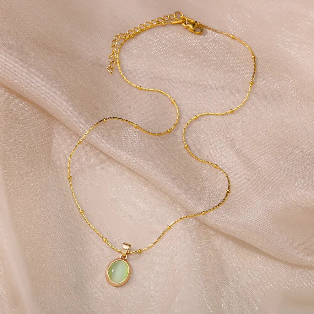 Aesthetic Golden Opal Oval Pendant Necklace-ReesJewels-ReesJewels