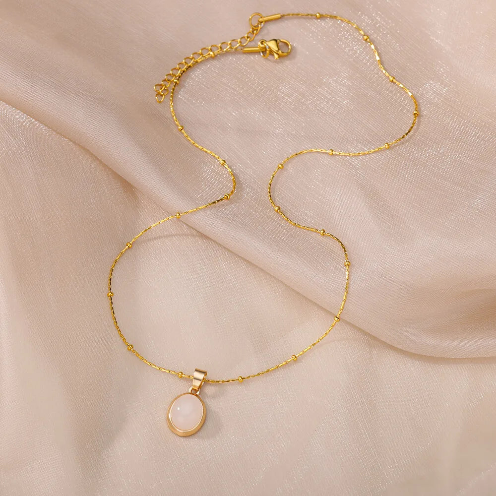 Aesthetic Golden Opal Oval Pendant Necklace-ReesJewels-ReesJewels