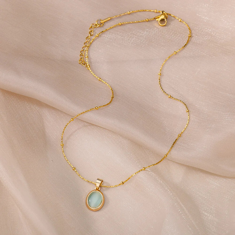 Aesthetic Golden Opal Oval Pendant Necklace-ReesJewels-ReesJewels