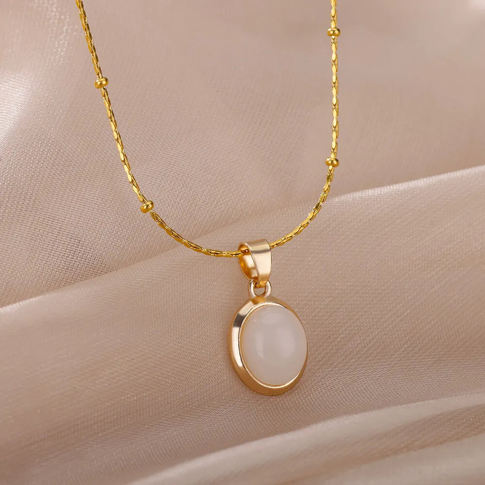 Aesthetic Golden Opal Oval Pendant Necklace-ReesJewels-ReesJewels