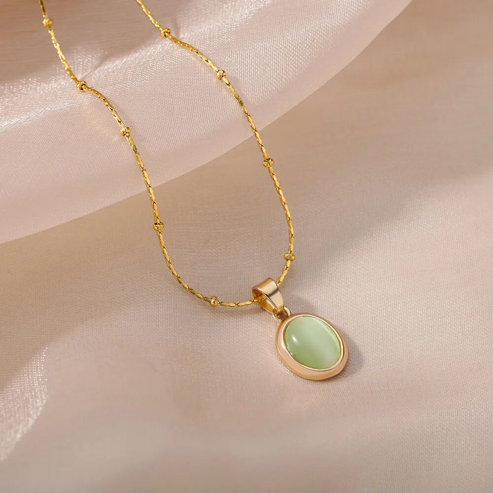 Aesthetic Golden Opal Oval Pendant Necklace-ReesJewels-ReesJewels