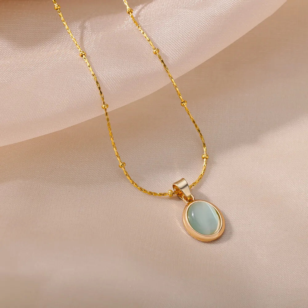 Aesthetic Golden Opal Oval Pendant Necklace-ReesJewels-ReesJewels