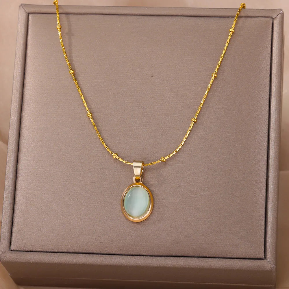 Aesthetic Golden Opal Oval Pendant Necklace-ReesJewels-Blue-45cm-ReesJewels