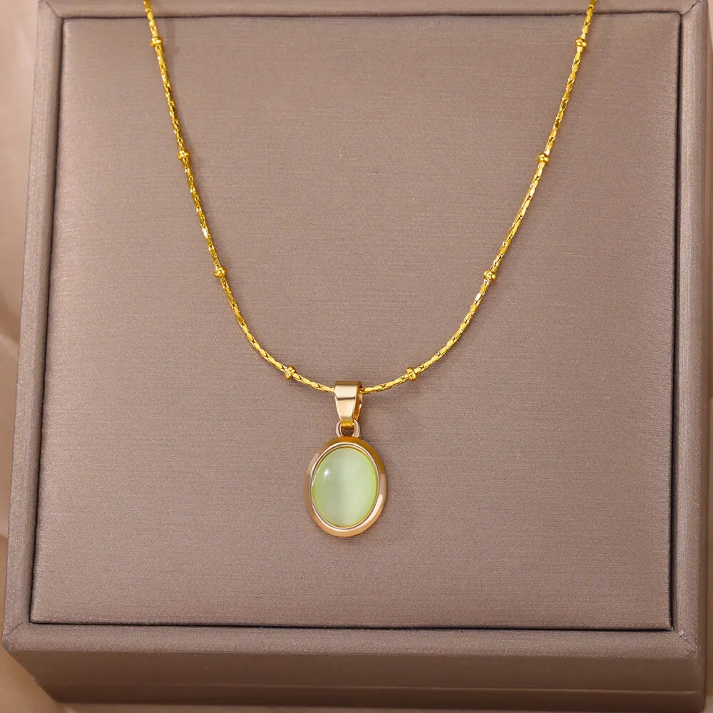 Aesthetic Golden Opal Oval Pendant Necklace-ReesJewels-Green-45cm-ReesJewels