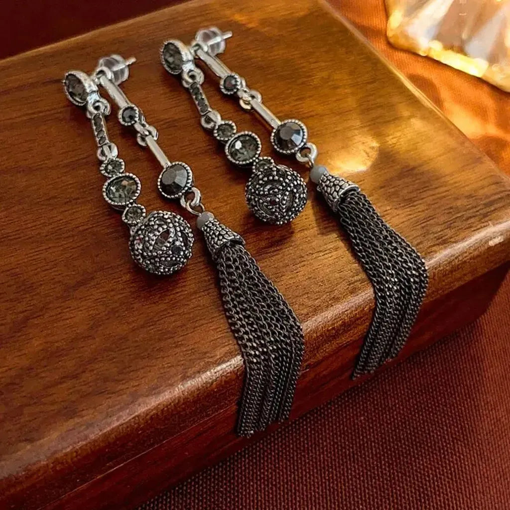 Antique Silver Rhinestone Tassel Stylish Earrings-ReesJewels-ReesJewels