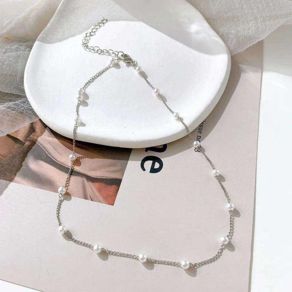 Classy Imitation Pearl Choker Necklace-ReesJewels-Silver-ReesJewels