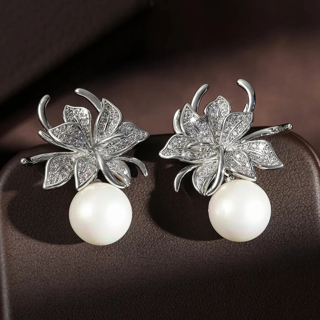 Delicate Zirconia Floral Imitation Pearl Earrings-ReesJewels-Silver-ReesJewels