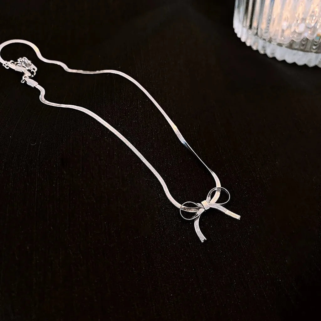 Elegant Chain Bow Water Drop Necklace-ReesJewels-Silver-ReesJewels