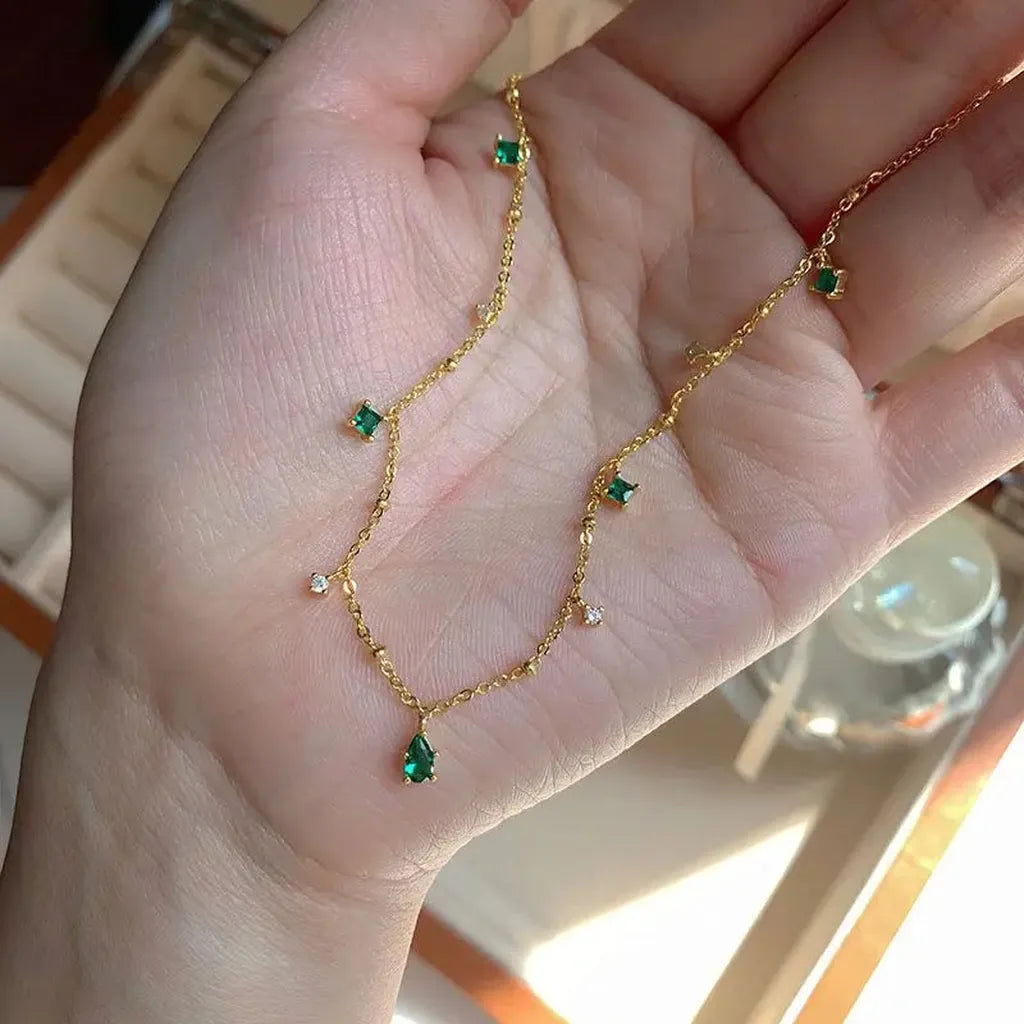 Elegant Green Zirconia Drop Charm Necklace-My Store-ReesJewels