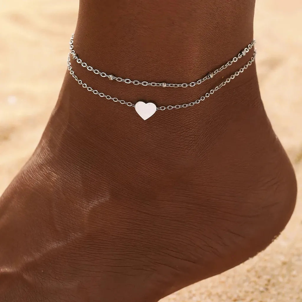 Elegant Layered Chain Delicate Anklet-ReesJewels-Silver Heart-ReesJewels