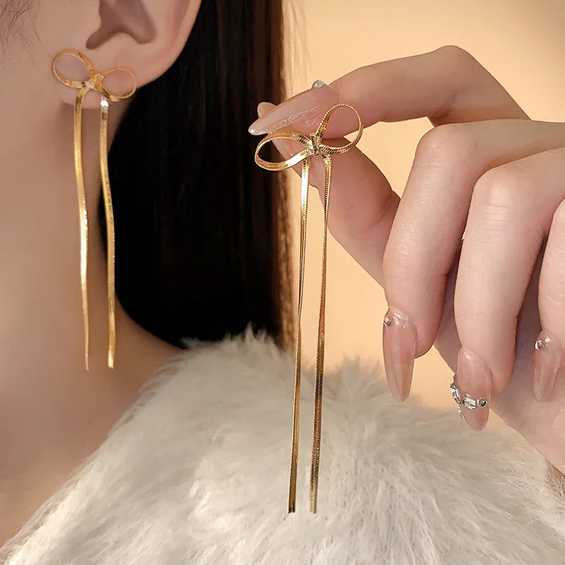 Elegant Long Tassel Bowknot Drop Earrings-ReesJewels-ReesJewels