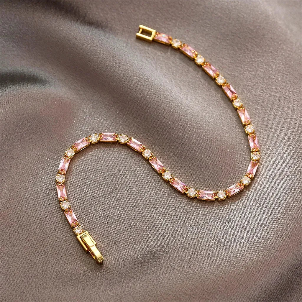 Elegant Pink Rectangle Cubic Zirconia Charm Tennis Bracelet-ReesJewels-ReesJewels