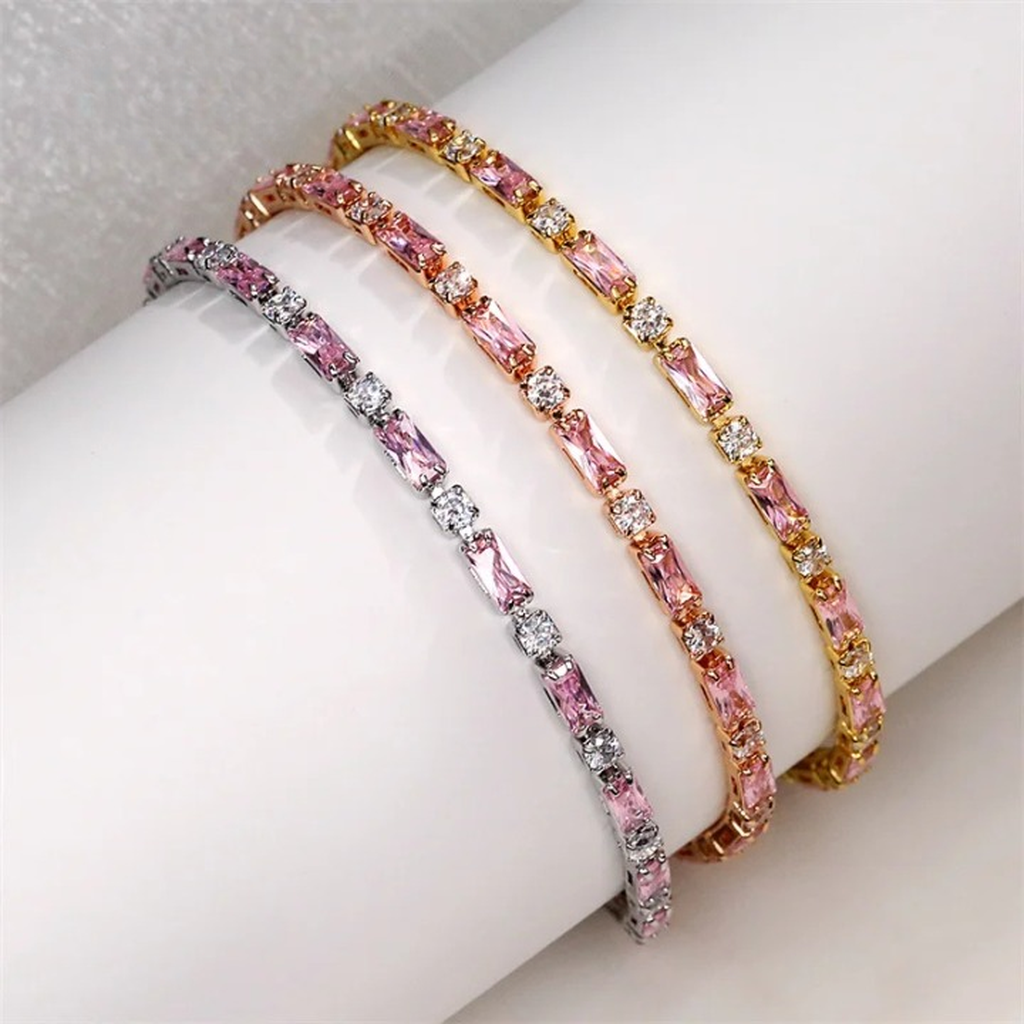 Elegant Pink Rectangle Cubic Zirconia Charm Tennis Bracelet-ReesJewels-ReesJewels