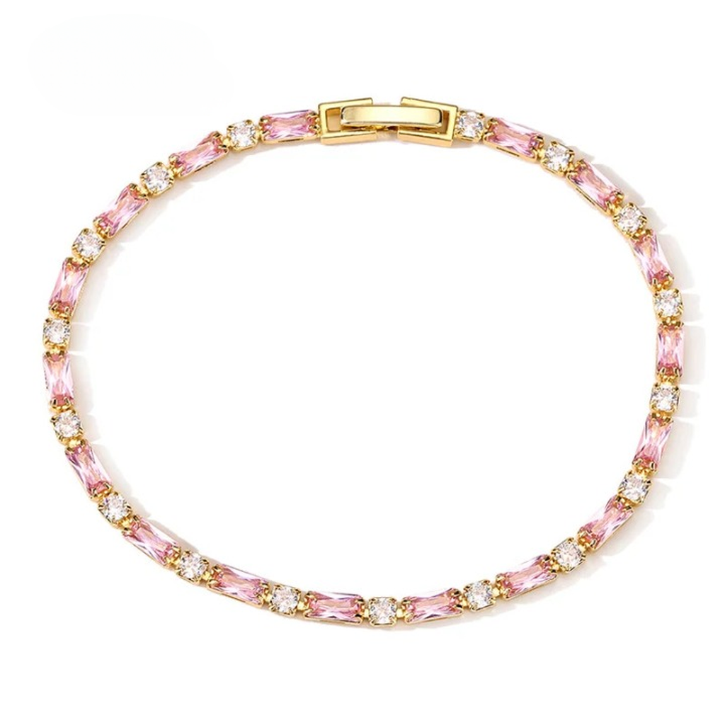 Elegant Pink Rectangle Cubic Zirconia Charm Tennis Bracelet-ReesJewels-ReesJewels