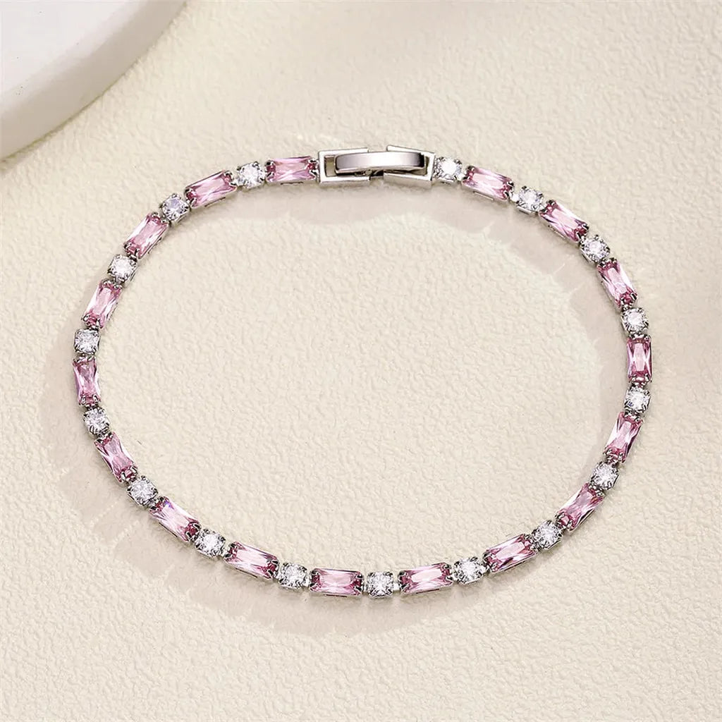 Elegant Pink Rectangle Cubic Zirconia Charm Tennis Bracelet-ReesJewels-Sliver-ReesJewels
