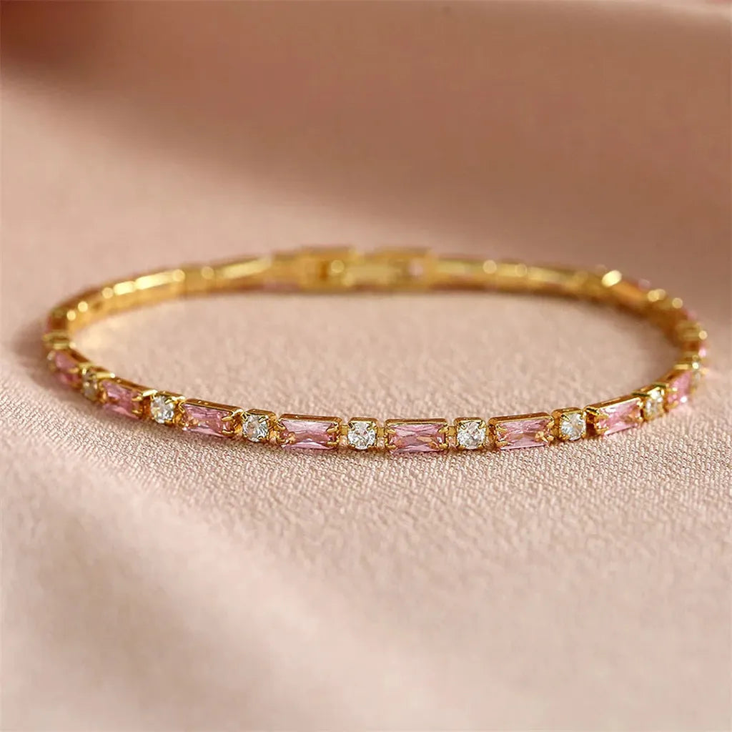 Elegant Pink Rectangle Cubic Zirconia Charm Tennis Bracelet-ReesJewels-ReesJewels