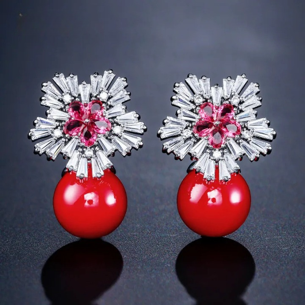 Elegant Zirconia Imitation Pearls Snowflake Earrings-ReesJewels-Red-ReesJewels