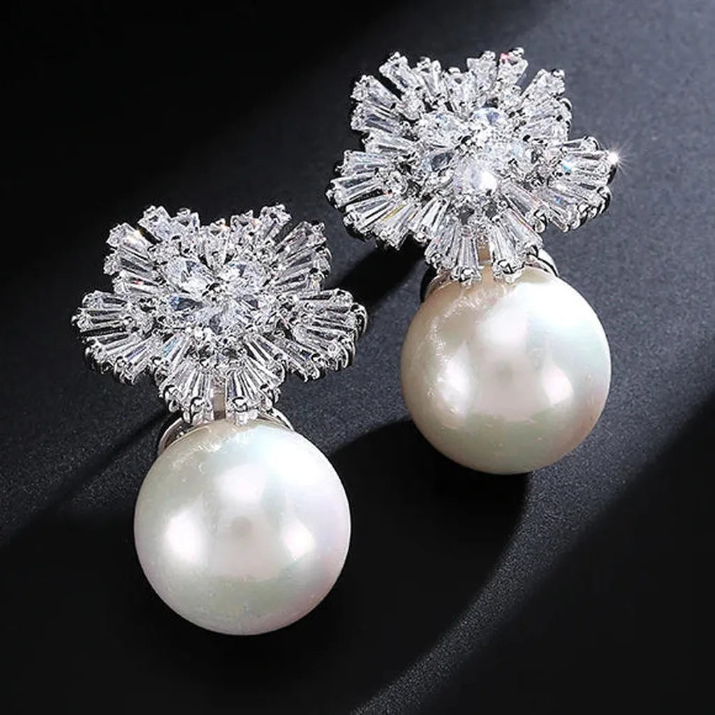 Elegant Zirconia Imitation Pearls Snowflake Earrings-ReesJewels-White-ReesJewels