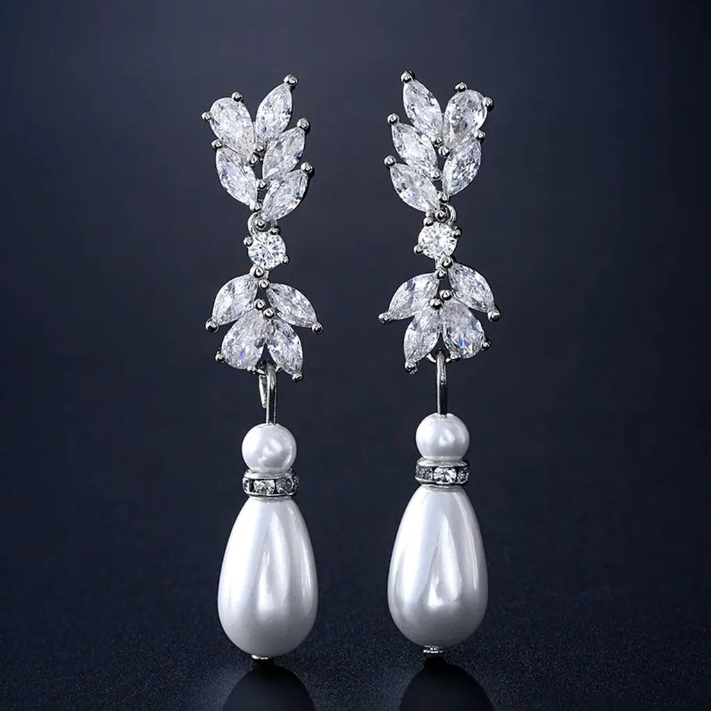 Exquisite Cubic Zirconia Imitation Pearl Drop Earrings-ReesJewels-Platinum-ReesJewels