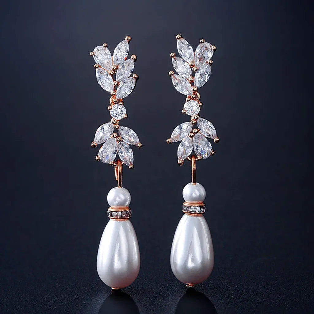Exquisite Cubic Zirconia Imitation Pearl Drop Earrings-ReesJewels-Rose-ReesJewels