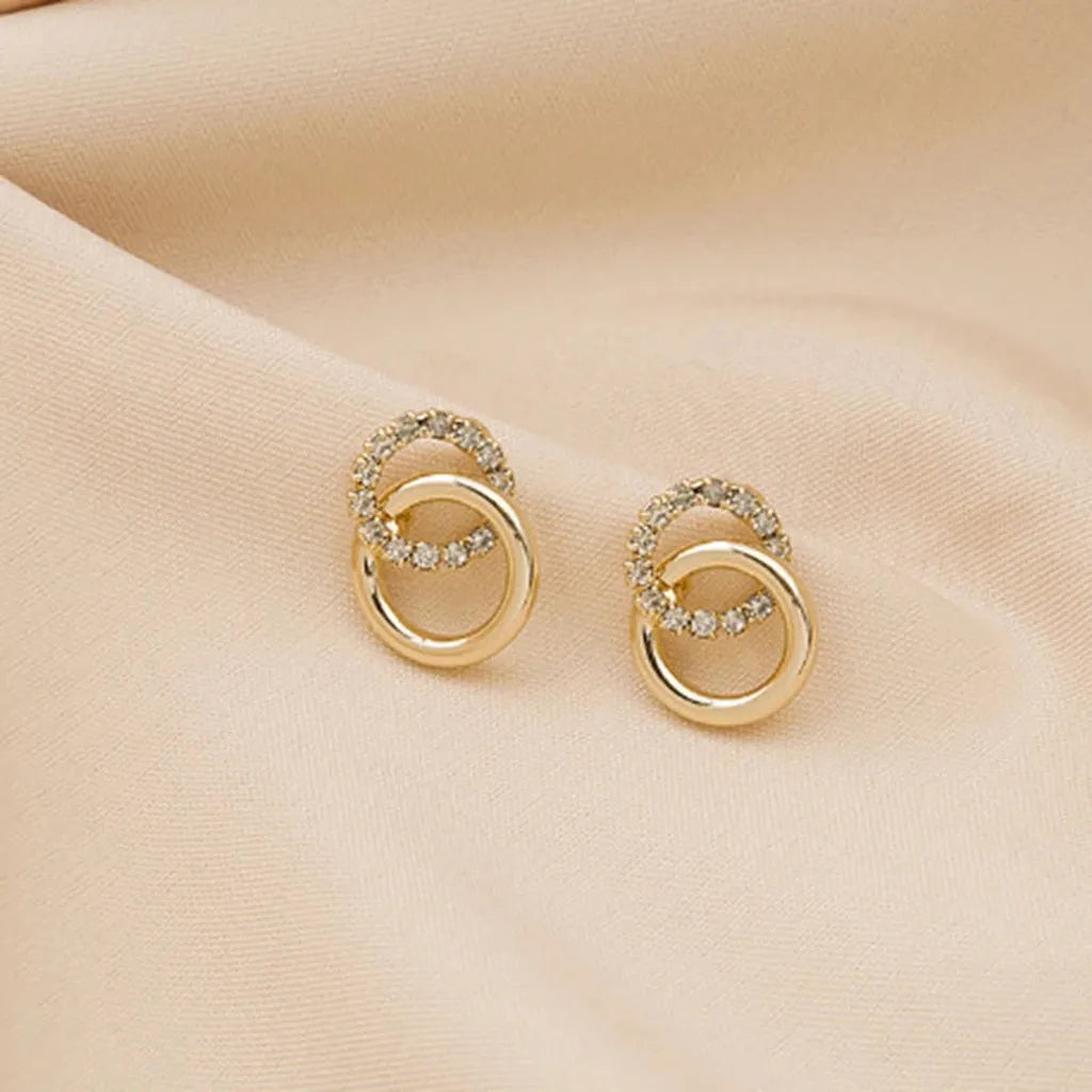 Golden Double Hoop Zirconia Stud Earrings-ReesJewels-Gold-ReesJewels