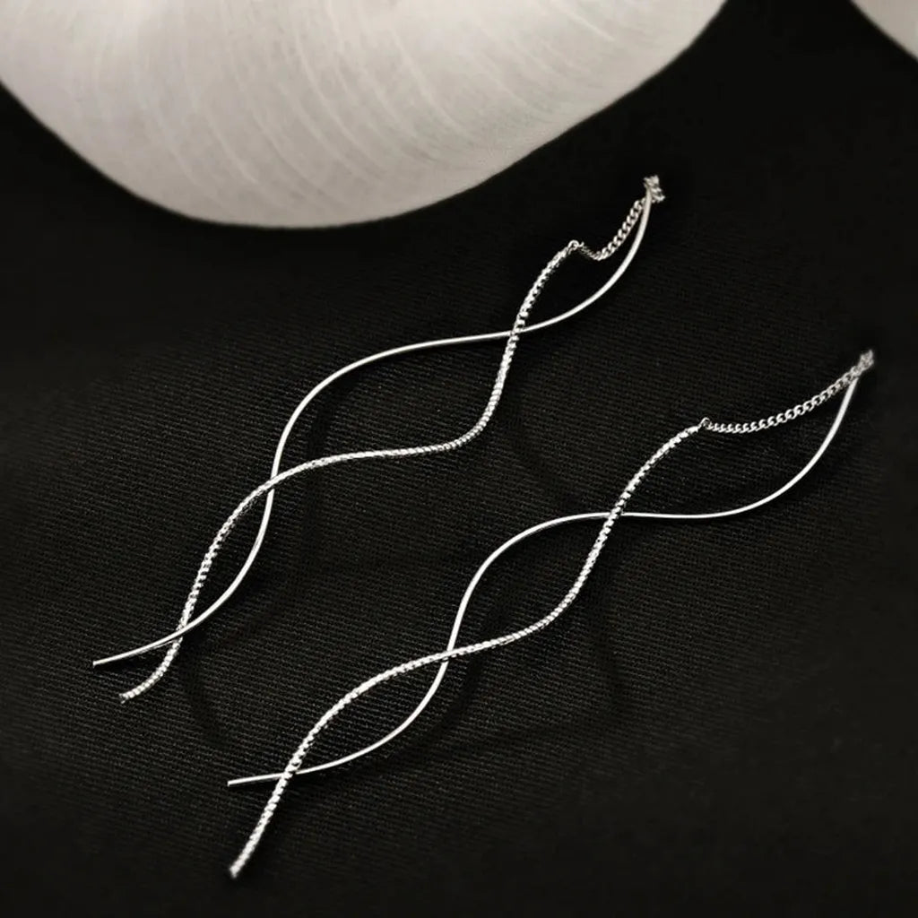 Long Delicate Sterling Silver Wave Earrings-My Store-Platinum-ReesJewels