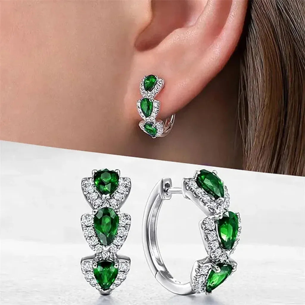 Luxurious Cubic Zirconia Hoop Earrings-ReesJewels-Green Silver-ReesJewels