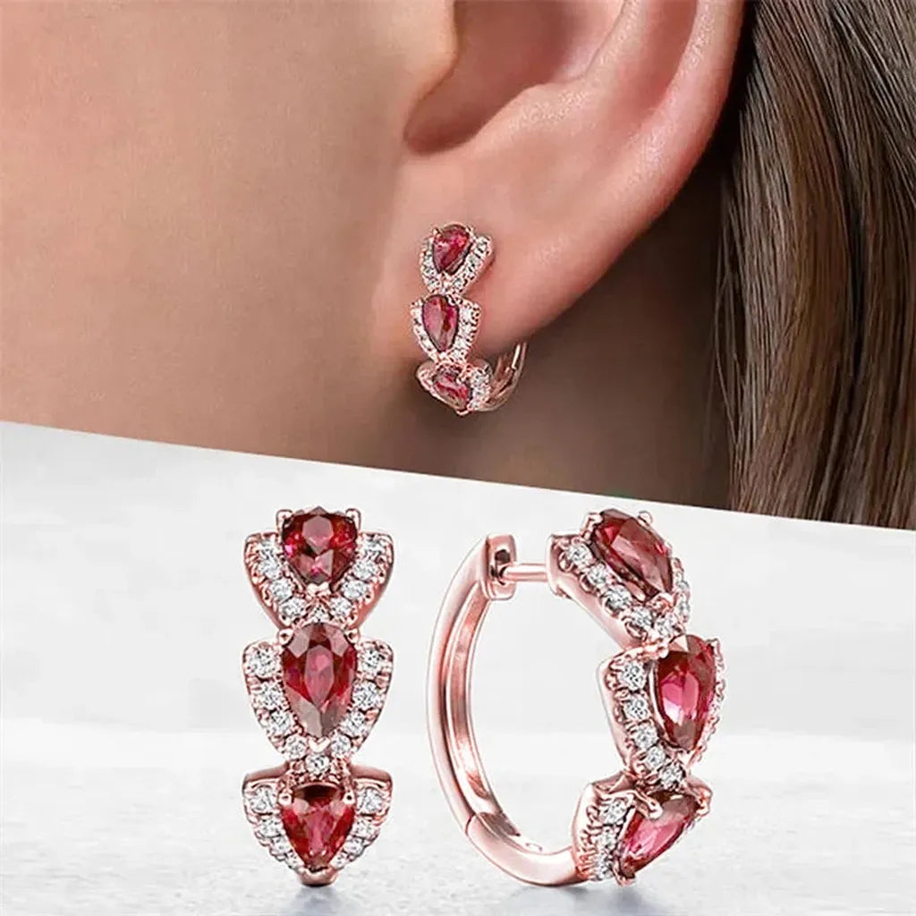 Luxurious Cubic Zirconia Hoop Earrings-ReesJewels-Red Gold-ReesJewels