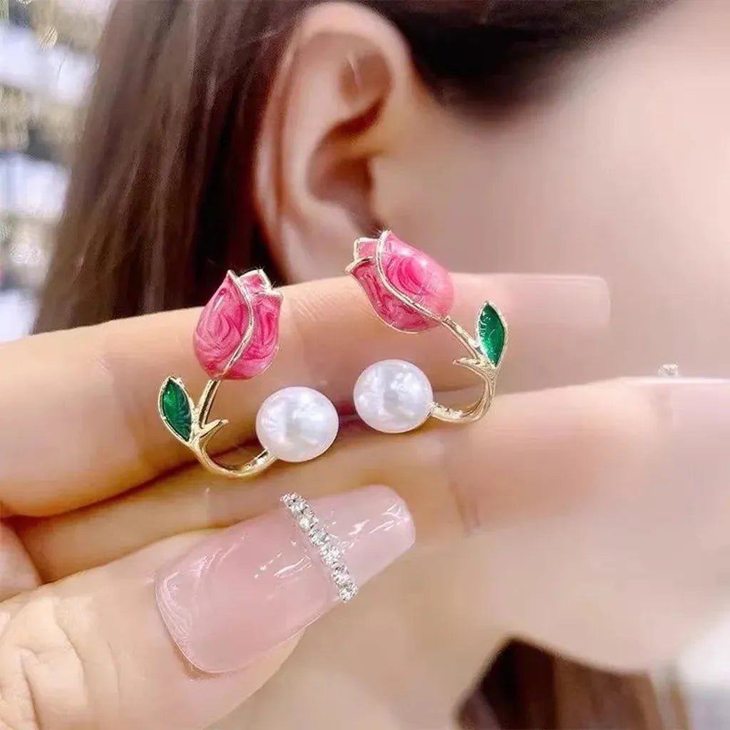 Luxurious French Tulip Imitation Pearl Stud Earrings-ReesJewels-Magenta-ReesJewels
