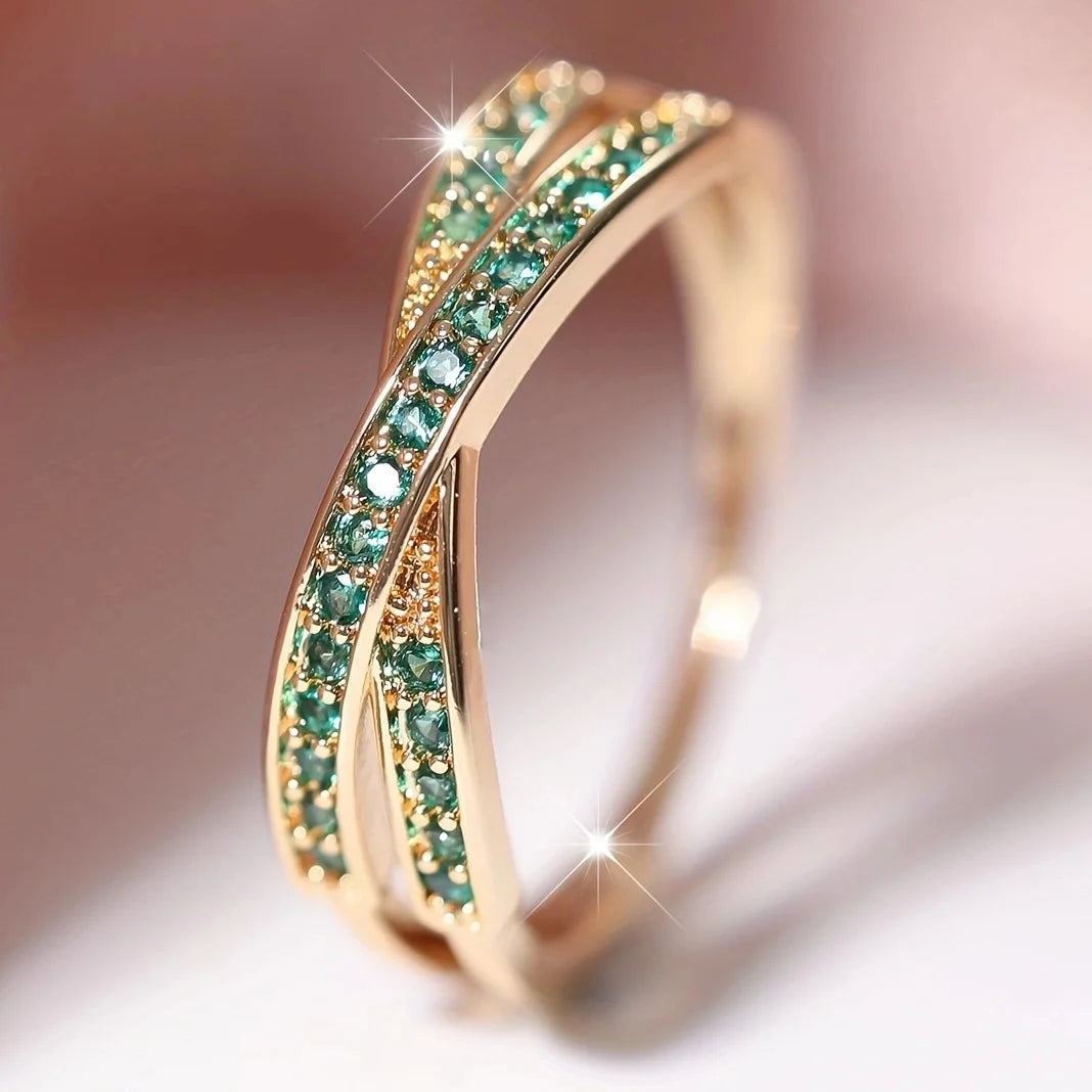 Minimalist Stacking Crossed Bands Thin Rings-Rees Jewels-Green & Gold-5-ReesJewels