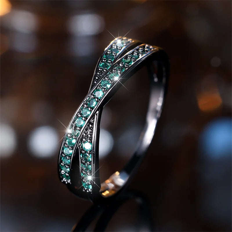 Minimalist Stacking Crossed Bands Thin Rings-Rees Jewels-Green & Silver-5-ReesJewels