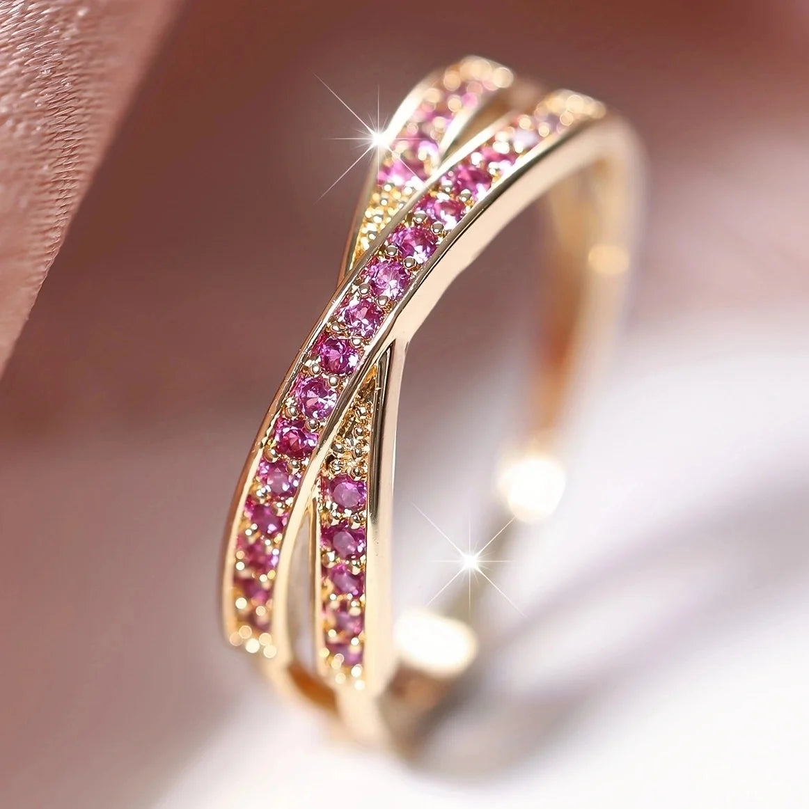 Minimalist Stacking Crossed Bands Thin Rings-Rees Jewels-Pink & Gold-5-ReesJewels