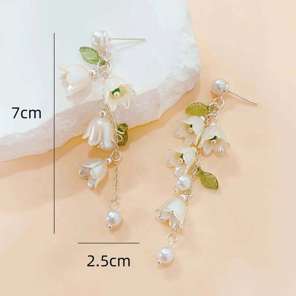 Pearly Lustre White Tulip Green Leaves Tassel Earrings-ReesJewels-ReesJewels