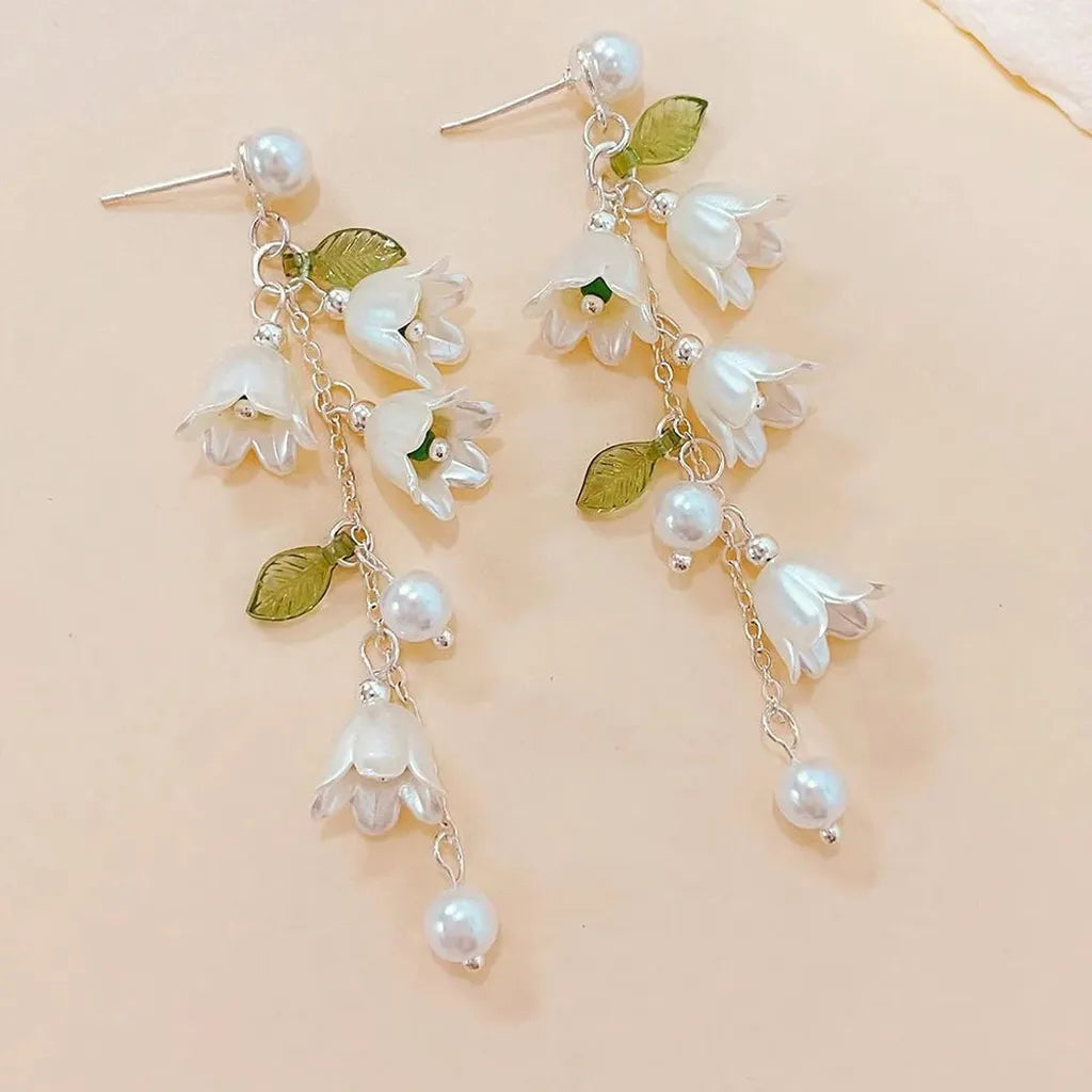 Pearly Lustre White Tulip Green Leaves Tassel Earrings-ReesJewels-White-Long Tassle-ReesJewels