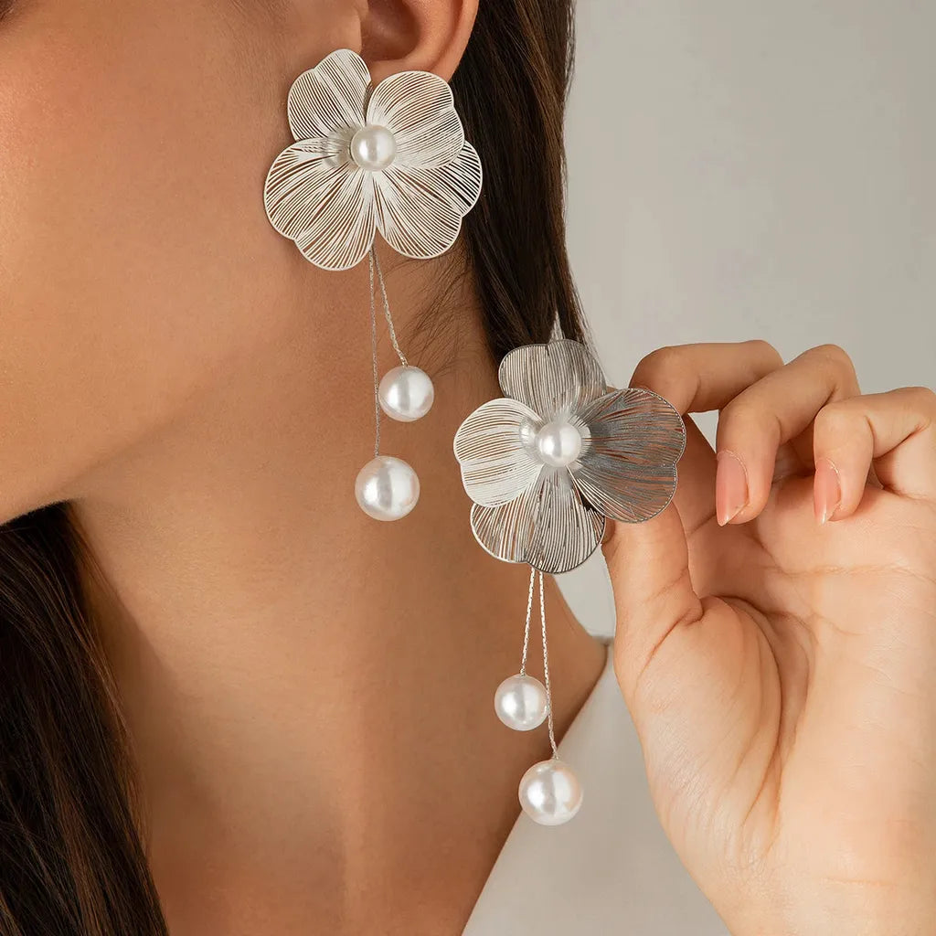 Pretty Romantic Flower Tassel Drop Earrings-ReesJewels-Silver-ReesJewels