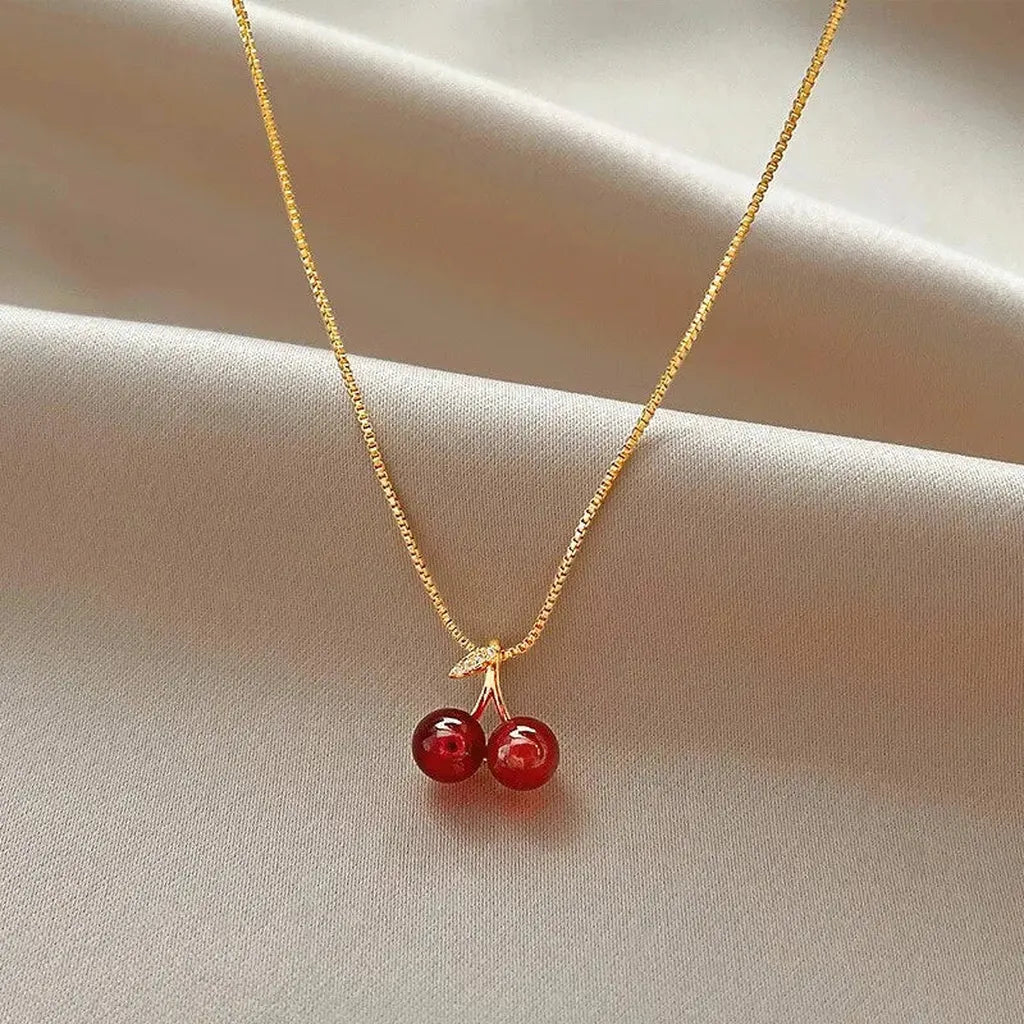 Pretty Wine Red Cherry Pendant Necklace-ReesJewels-Gold-ReesJewels