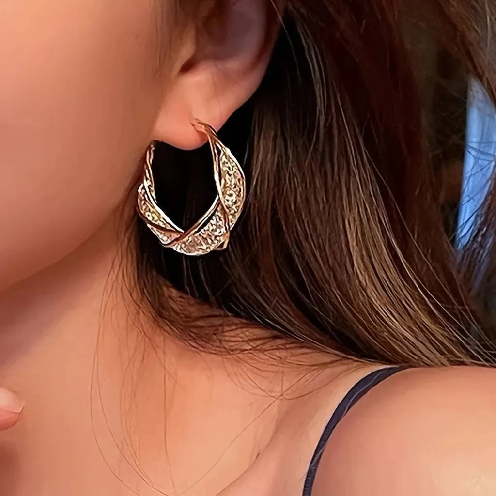 Shiny Mesh Rhinestone Twisted Hoop Earrings-ReesJewels-ReesJewels