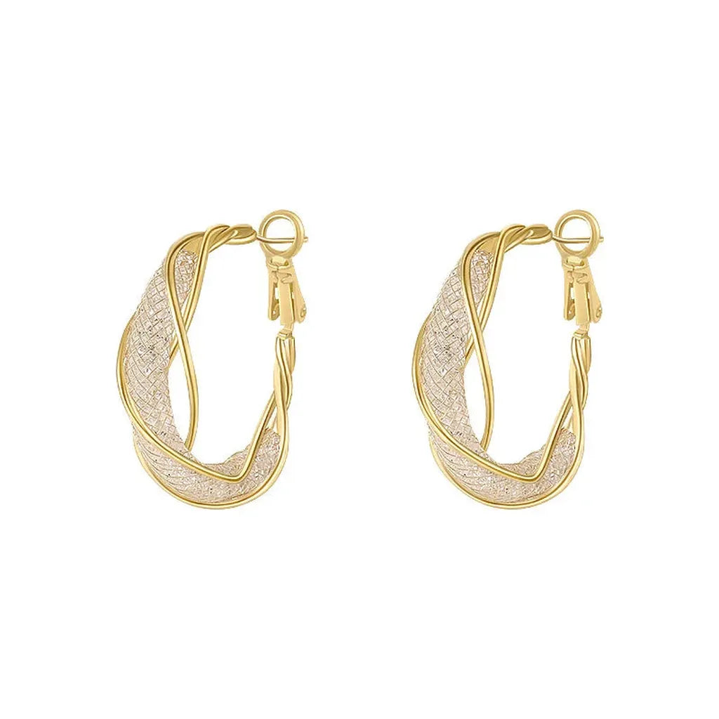 Shiny Mesh Rhinestone Twisted Hoop Earrings-ReesJewels-ReesJewels