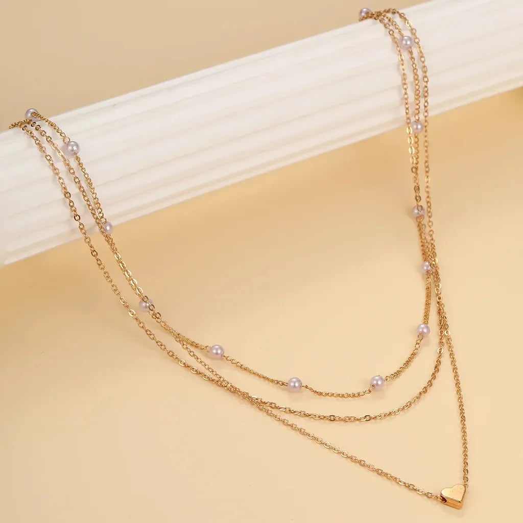 Simple Classy Imitation Pearl Heart Choker Necklace-ReesJewels-Gold - 3 Layer-ReesJewels