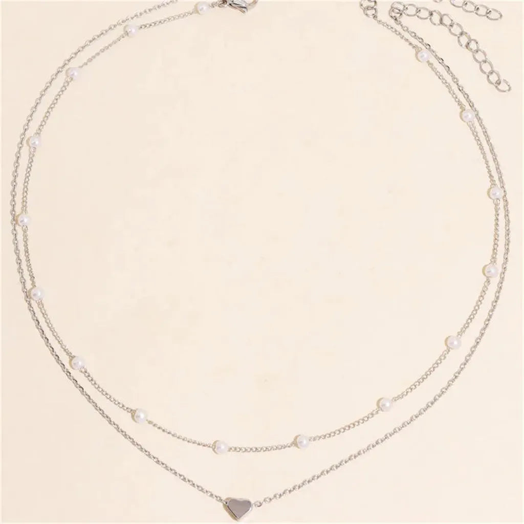 Simple Classy Imitation Pearl Heart Choker Necklace-ReesJewels-Silver - 2 Layer-ReesJewels