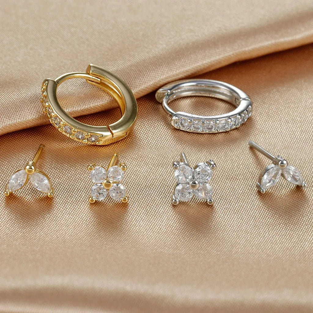 Simple Zirconia Leaf Flower Earring Set-ReesJewels-ReesJewels