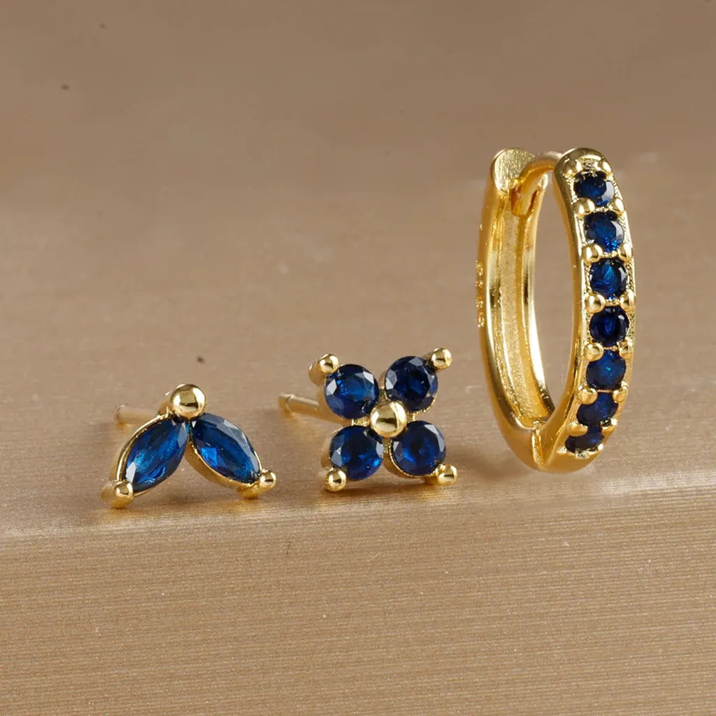 Simple Zirconia Leaf Flower Earring Set-ReesJewels-Gold - Navy-ReesJewels