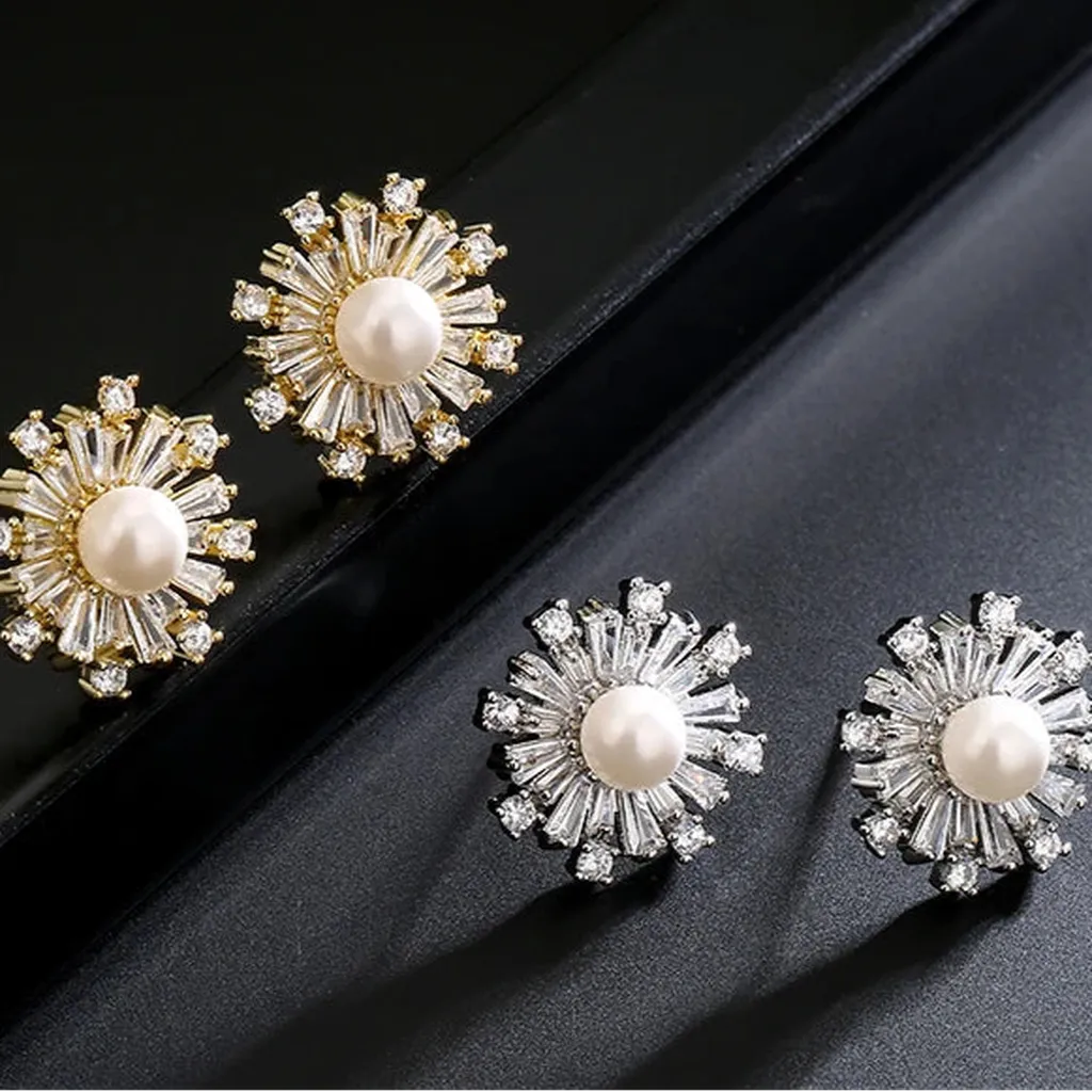 Timeless Zirconia Pearl Snowflakes Studs-ReesJewels-ReesJewels