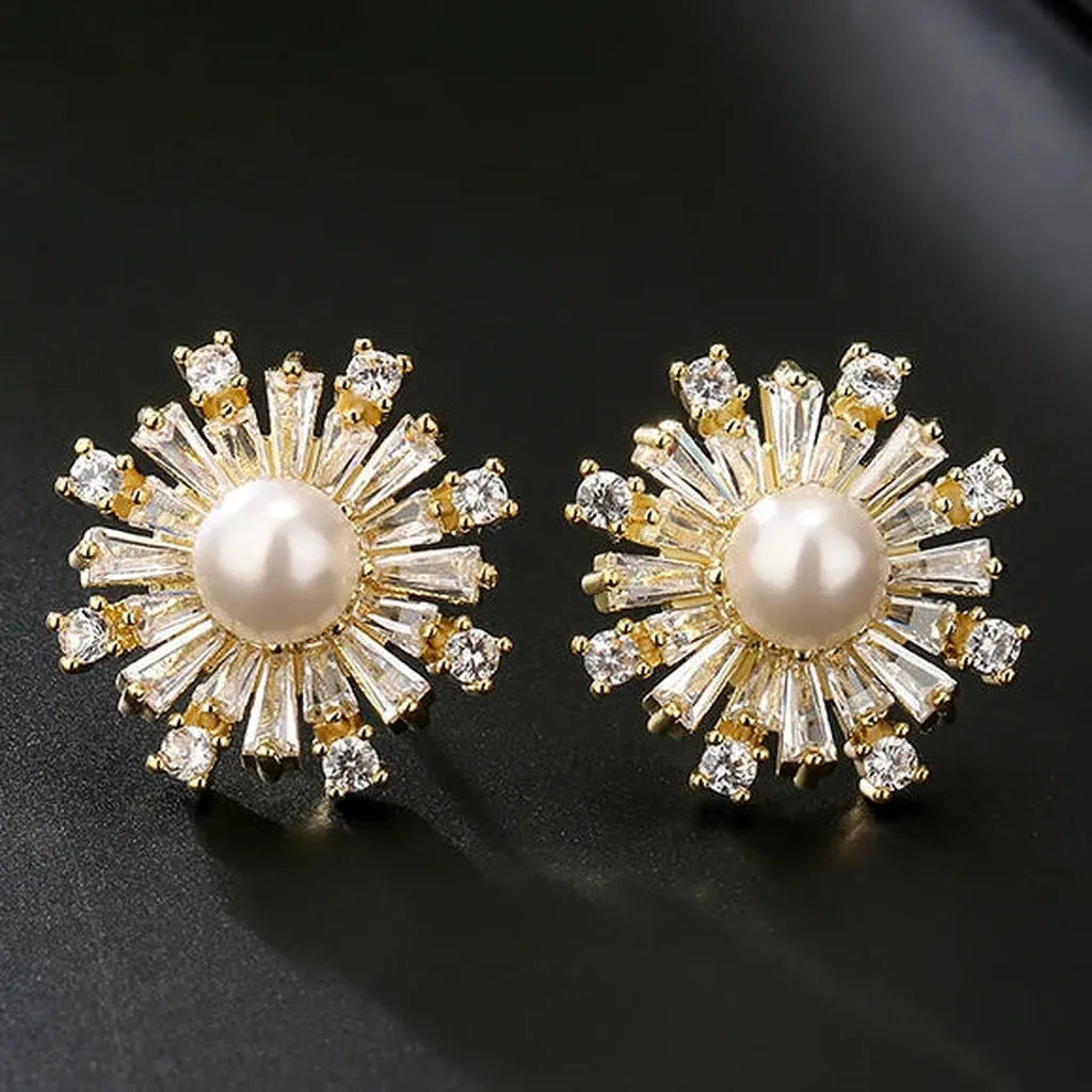 Timeless Zirconia Pearl Snowflakes Studs-ReesJewels-Gold-ReesJewels