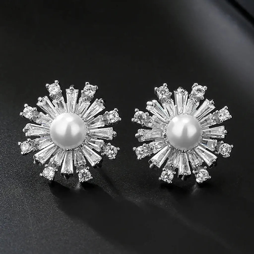 Timeless Zirconia Pearl Snowflakes Studs-ReesJewels-Silver-ReesJewels