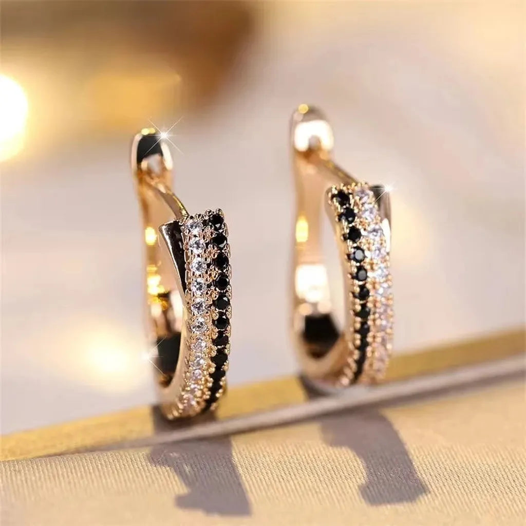 Trendy Crystal Black & White Hoop Earrings-ReesJewels-Gold-ReesJewels