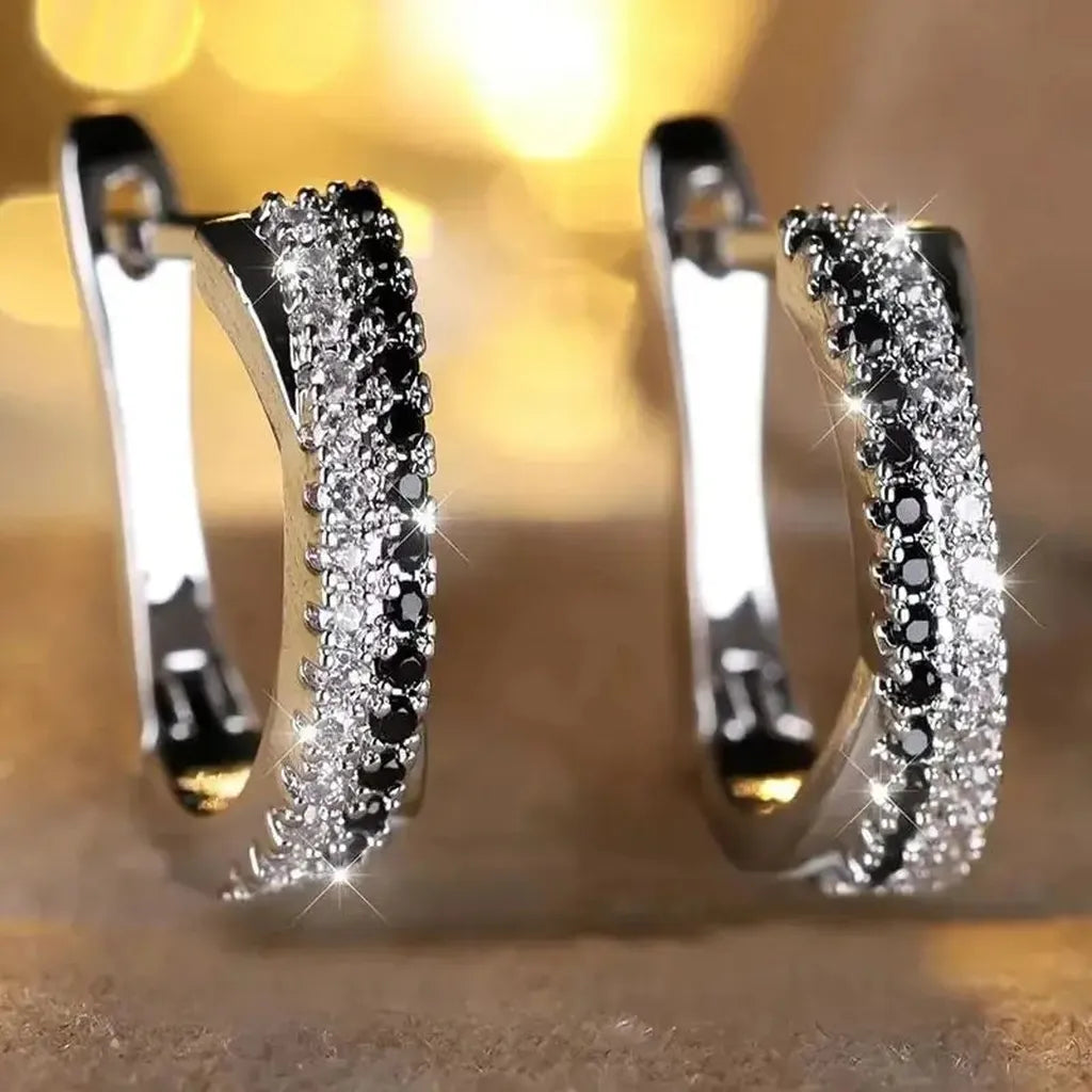 Trendy Crystal Black & White Hoop Earrings-ReesJewels-Silver-ReesJewels